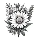 A filler tattoo for the inner bicep of heather flowers, chamomile flowers, rosemary flowers, iris in a masculine style  tattoo design idea