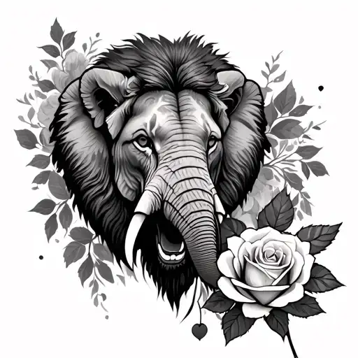 3 playcards, a rose and a lionhead half elephant tattoo design idea