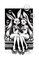 Lola bunny, number 5, sailor moon, bubbles, lady and Marie sitting together on a ledge tattoo design idea