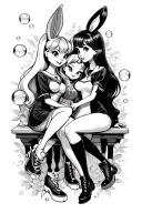 Lola bunny, number 5, sailor moon, bubbles, lady and Marie sitting together on a ledge tattoo design idea