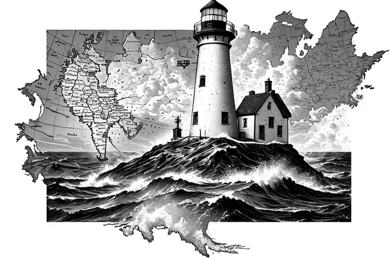lighthouse coming out of a nautical map tattoo design idea