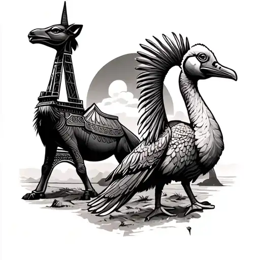 piramid anubis eifel tower camel and dodo bird tattoo design idea