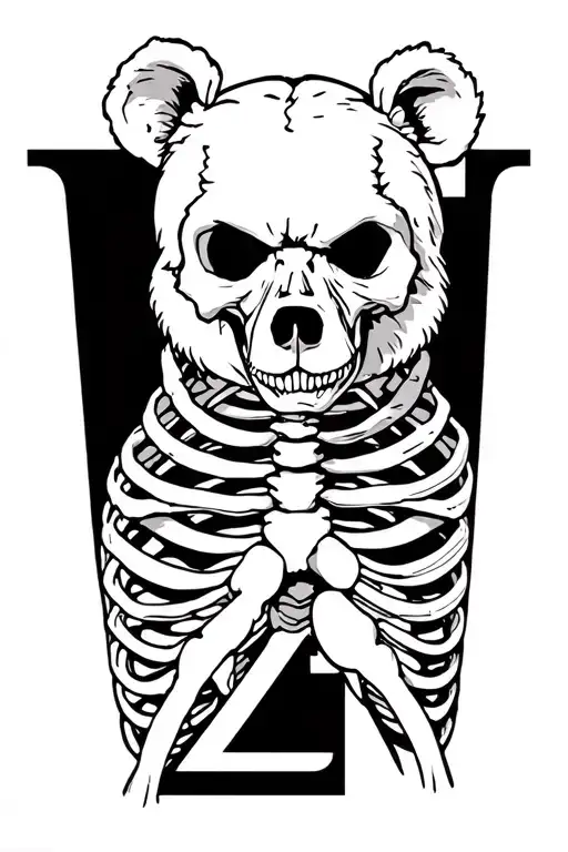 Terrible skeleton of a brown bear, which below the letter z v o tattoo design idea