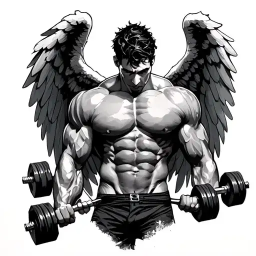 a men full whole gym body and long angel wings on back and two dumbbells in his hands  tattoo design idea