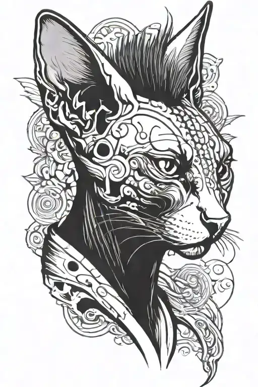 A sphynx cat with a punk mohawk hairstyles hissing tattoo design idea