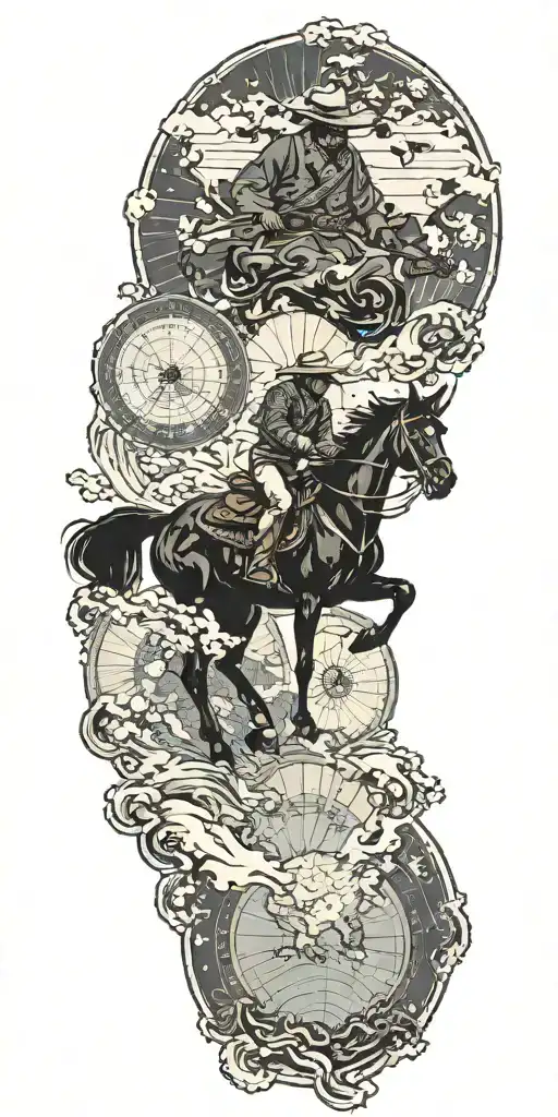  a cowboy riding a black horse and the world map with the continents tattoo design idea