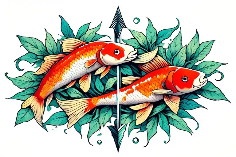 spine vertically with an arrow down the middle and sage leaf vines warping around it with koi fish surrounding it tattoo design idea