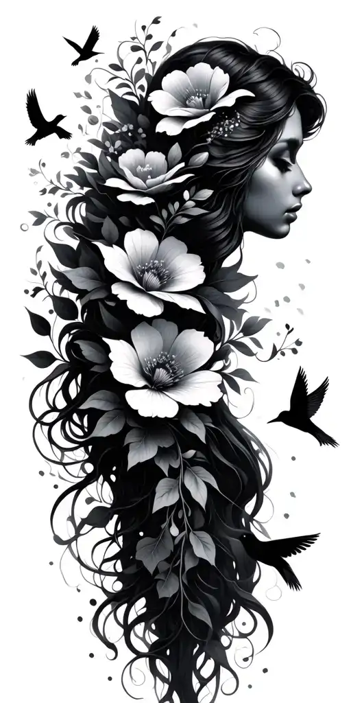 mother flowers and birds flying towards tattoo design idea