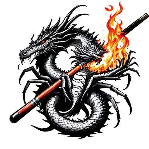A dragon wrapped around a billiard cue, breathing fire onto a spider in a blackwork style tattoo design idea