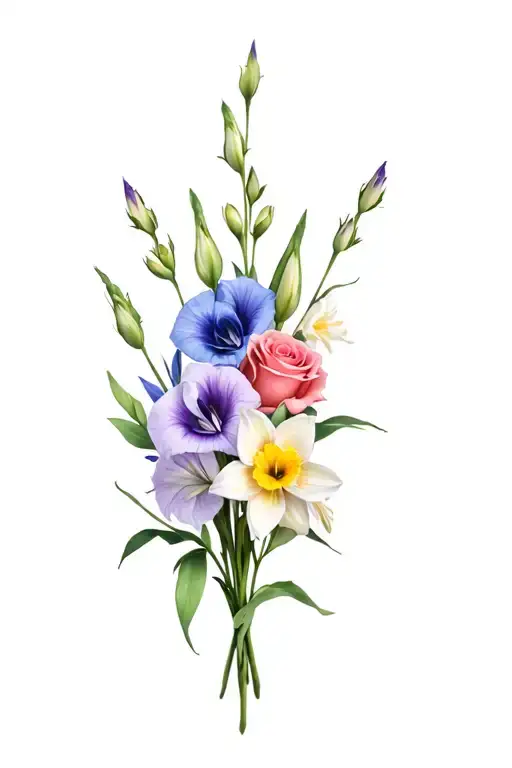dainty bouquet of gladiolus, sweet pea, rose, daffodil with a little bit of color tattoo design idea