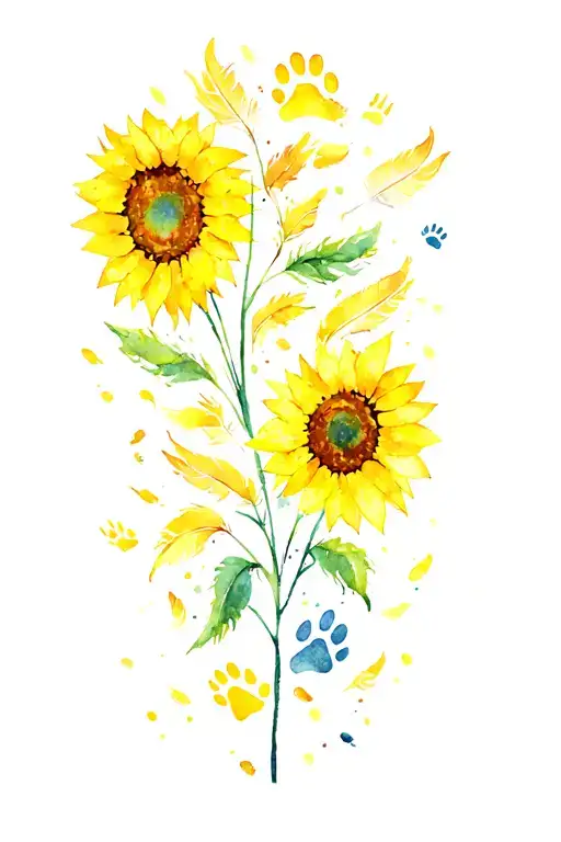 Sunflowers, pawprints and yellow feathers falling tattoo design idea
