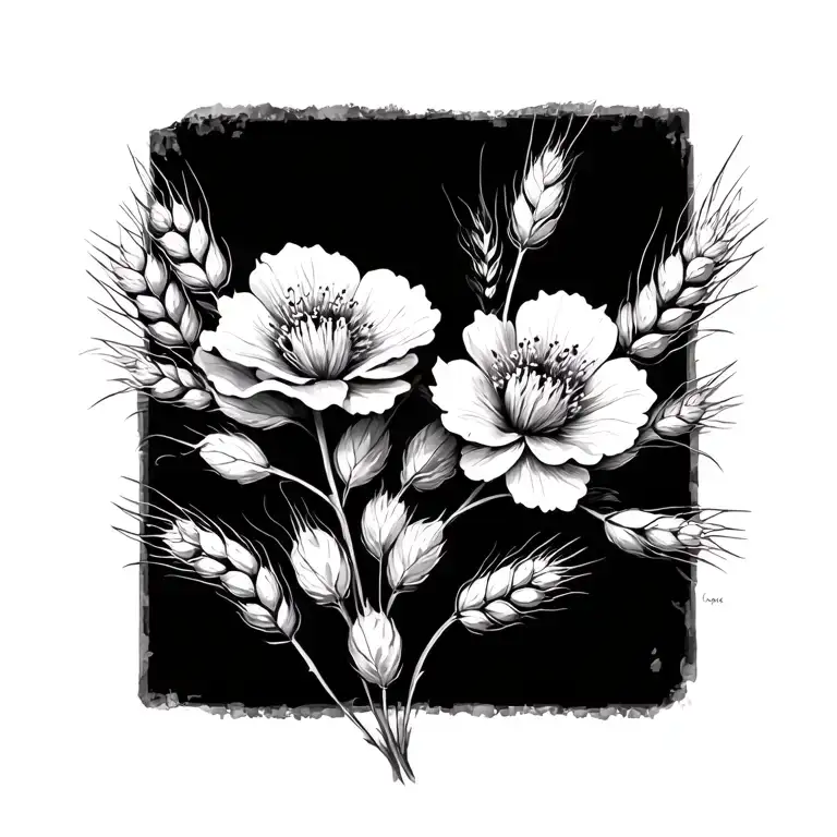 hawthorn flowers with wheat stalk intertwined fine line tattoo design idea