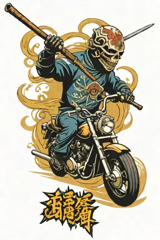 a skull rider wearing a kendo mask on a motorcycle in a smoked background tattoo design idea