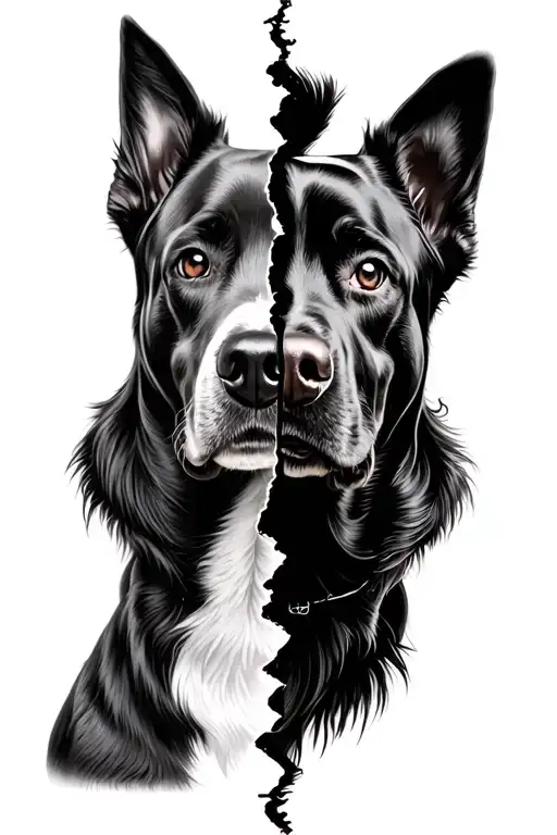 2 dogs face split in the midde of half and half of both faces tattoo design idea