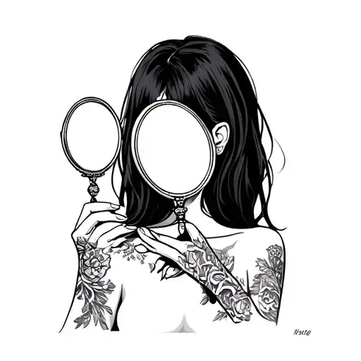 a feminine young lady from the back from only her mid back up, straight black hair holding an oval hand mirror in front tattoo design idea