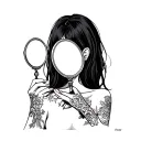 a feminine young lady from the back from only her mid back up, straight black hair holding an oval hand mirror in front tattoo design idea