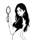 a feminine young lady from the back from only her mid back up, straight black hair holding an oval hand mirror in front tattoo design idea