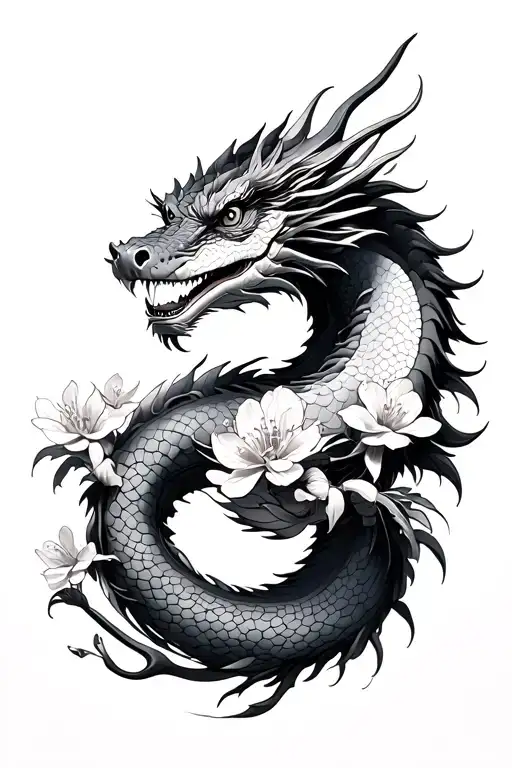 Water dragon Japanese cherry blossom tattoo design idea