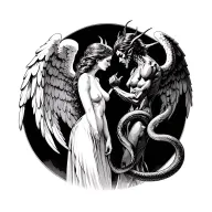 sexy angel and evil devil standing looking at each other. Snake entwined looking like it's whispering in angels ear  tattoo design idea