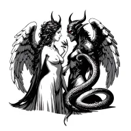 sexy angel and evil devil standing looking at each other. Snake entwined looking like it's whispering in angels ear  tattoo design idea