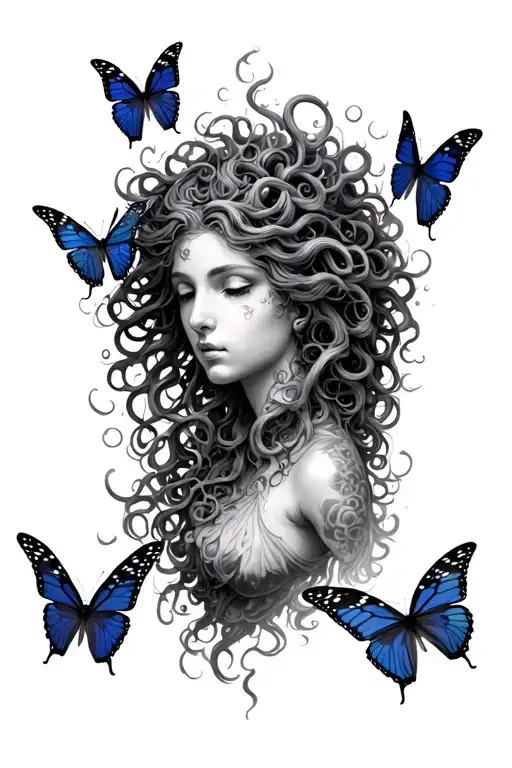 Medusa with butterflies surrounding tattoo design idea