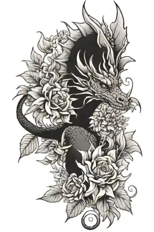 dainty dragon and flowers tattoo design idea