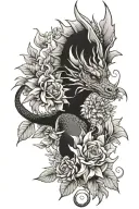 dainty dragon and flowers tattoo design idea