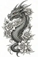 dainty dragon and flowers tattoo design idea