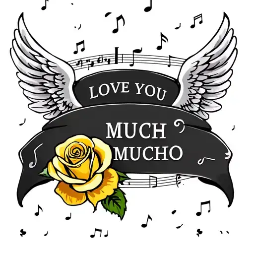 Memorial tattoo with saying love you mucho mucho with music note yellow rose and angel wings  tattoo design idea
