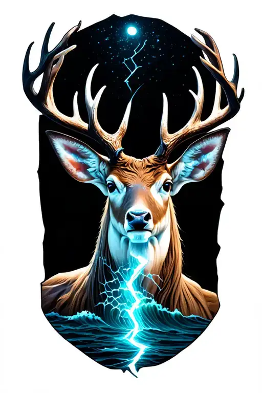 realistic humanoid stag front-facing, glowing chest crack, duality, hope and melancholy, fine line sea in chest tattoo design idea