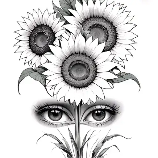 2 sunflowers one on the top one at the bottom tall grass and eyes in the middle surrounded tattoo design idea