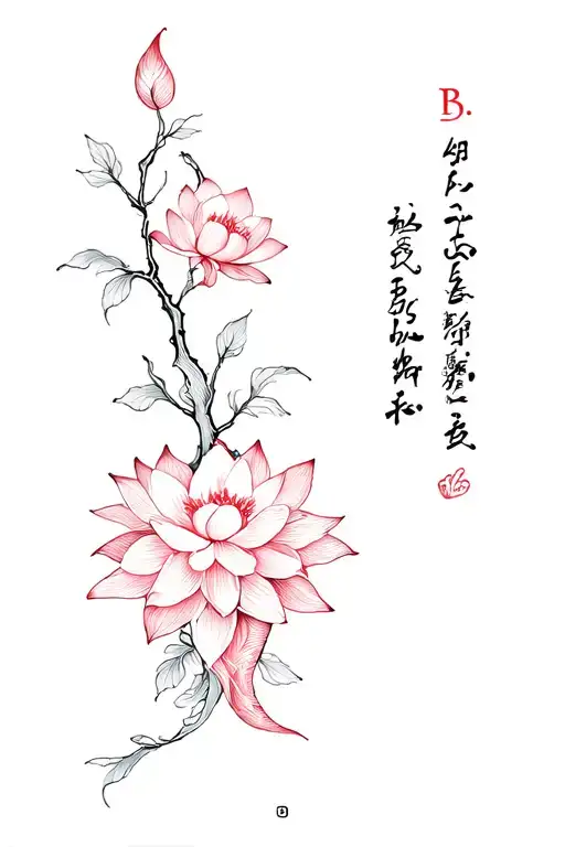 Tattoo with the meaning of love with a hidden name (B.Andrea) Japanese style with Sakura flower, lotus flower, koi fish tattoo design idea