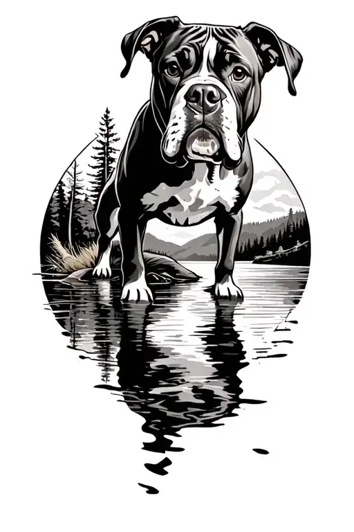 Brindle Boxer Dog with a lake scene tattoo design idea
