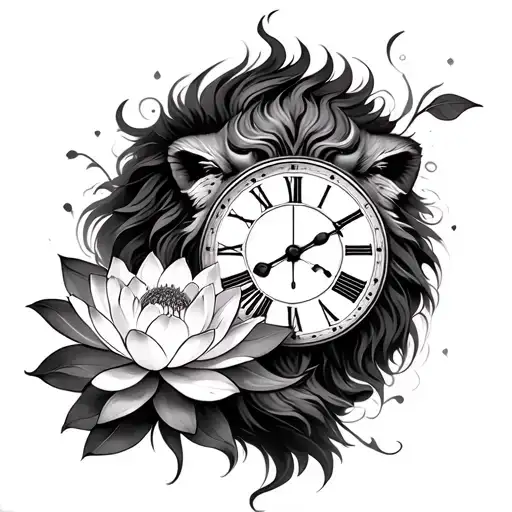 lion and lotus flower and clock tattoo design idea