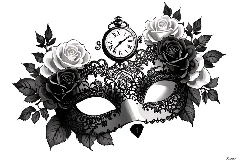 Venetian lace eye mask with roses and pocket watch no facial features tattoo design idea