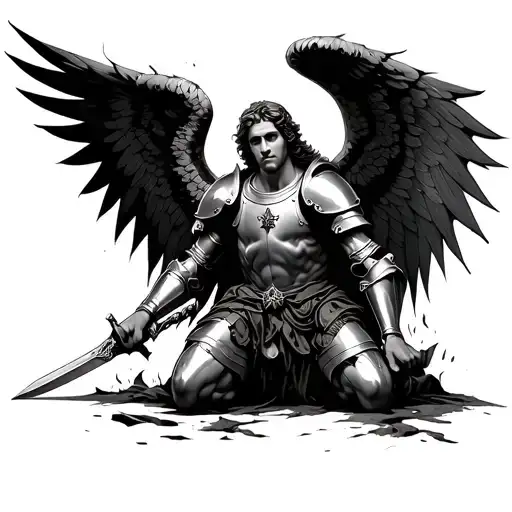 st michael in armour kneeling holding sword with wings spread out and burn holes and tattered tattoo design idea