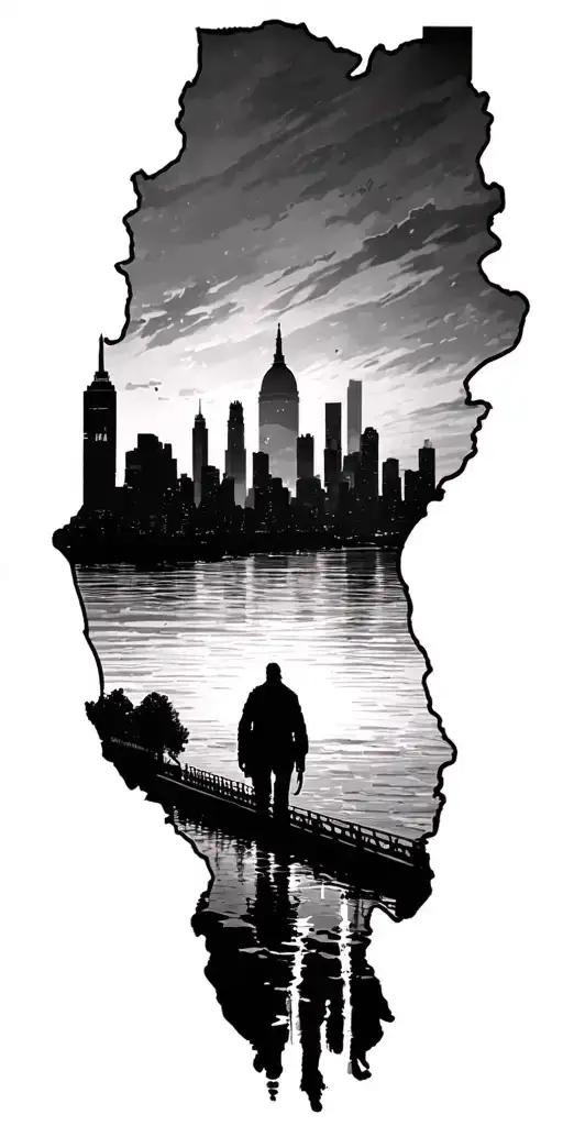 civilain  silhouette, leaving columbus ohio and returning w/city skyline in background tattoo design idea