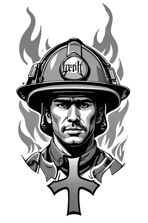 firefighter face and helmet is over fire cross tattoo design idea