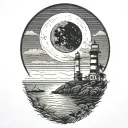 moon setting over the ocean black sky with palm trees dark in the foreground lighthouse in the background clouds in sky tattoo design idea