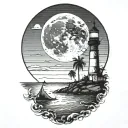 moon setting over the ocean black sky with palm trees dark in the foreground lighthouse in the background clouds in sky tattoo design idea