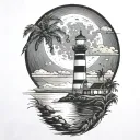 moon setting over the ocean black sky with palm trees dark in the foreground lighthouse in the background clouds in sky tattoo design idea