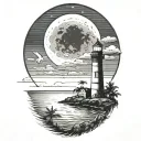 moon setting over the ocean black sky with palm trees dark in the foreground lighthouse in the background clouds in sky tattoo design idea