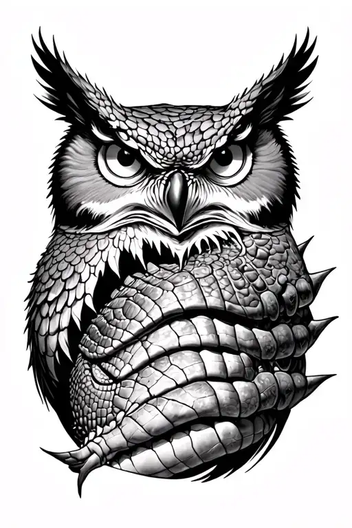 spine tattoo starting with an owl face merging into a crocodile back with ridges tattoo design idea