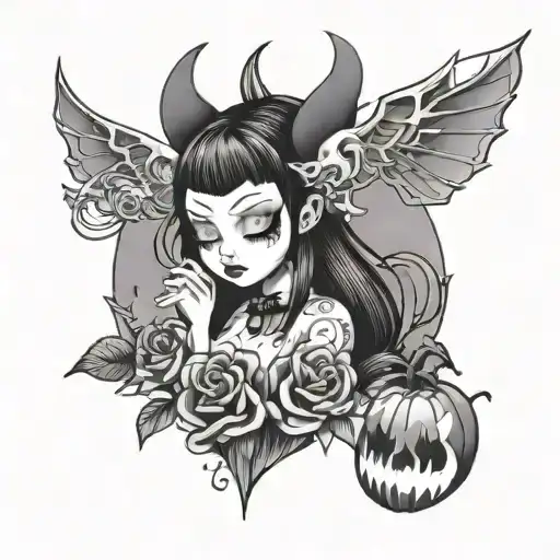 A gothic tattoo featuring Kuromi and boobs, in black-grey style tattoo design idea