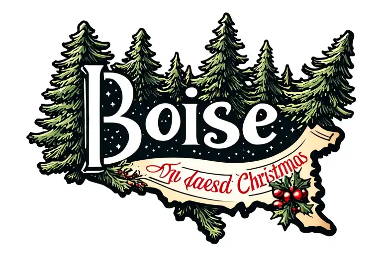 Christmas tree outline with the shape of Idaho inside and Boise printed tattoo design idea