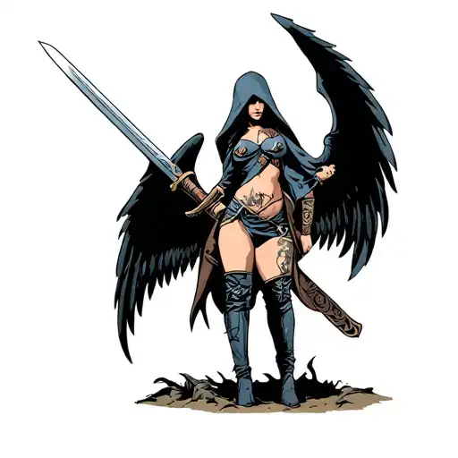 woman warrior sword winged hood knee on ground tattoo design idea