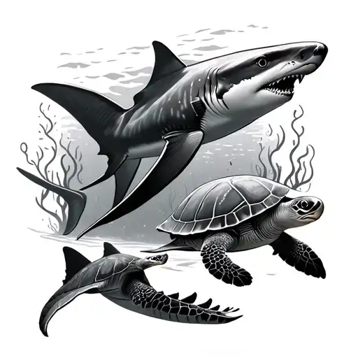 underwater scene featuring shark, eagle ray and sea turtle gracefully swimming tattoo design idea