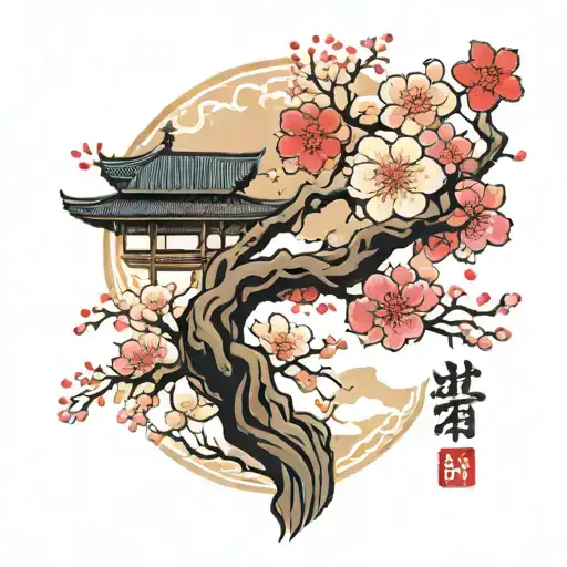 sakura tree and japanese theme sleeve tattoo design idea