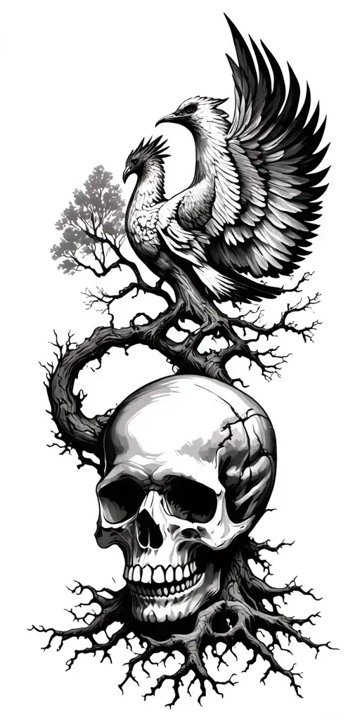 tree & skull, roots of tree should intertwine skull; phoenix emerging tattoo design idea
