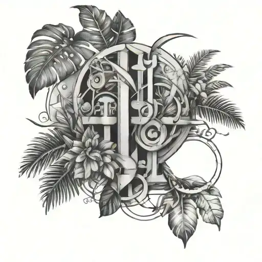 tropics, engineering blueprints, and kid initials intertwined  tattoo design idea